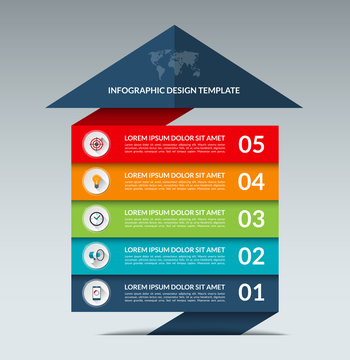Infographic arrow design template. Business growth concept banner with 5 options, parts, stages. Can be used for web, diagram, graph, chart, report, step by step infographics. Vector background