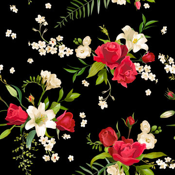 Vintage Rose and Lily Flowers Background. Spring and Summer Seamless Pattern