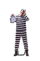 Man prisoner with clock isolated on white