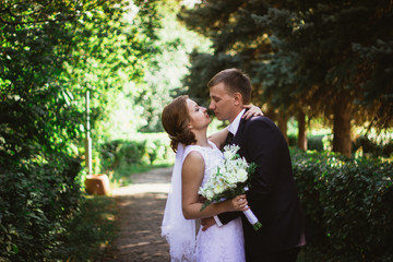 couple bride and groom on a park background