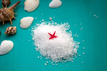 Obraz na płótnie Canvas Spa concept. Seashells and sea salt on blue wooden background