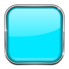 Blue square button. Shiny 3d icon with metal frame