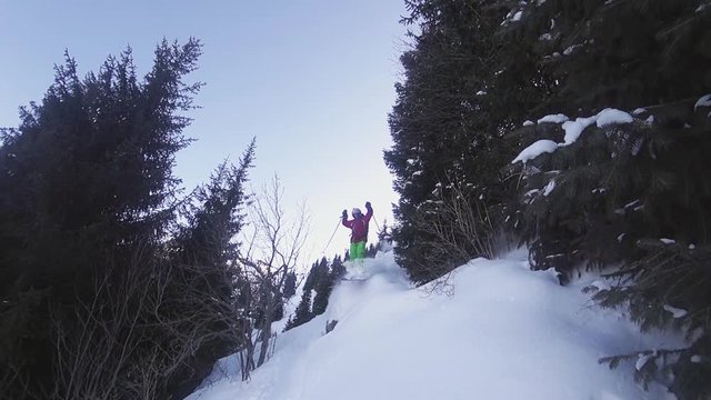 Slow motion footage of skier jumping from tree at mountain, winter