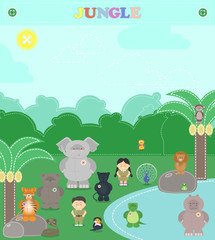 Obraz na płótnie Canvas Animals from the jungle. Other plush animals in the jungle, a boy and a girl. cartoon Vector