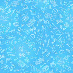 Seamless pattern on the theme of business on a blue background is drawn with a light marker