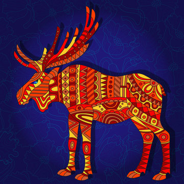 Illustration with abstract red moose on a dark blue floral background