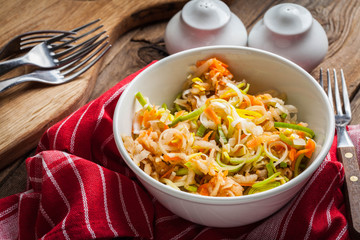 Salad with leek, carrots and apples.