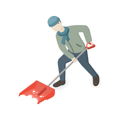 Man shoveling and removing snow. Isometric view. Vector Illustration on white background.