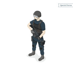 Isometric special forces soldier. SWAT. Vector Illustration.
