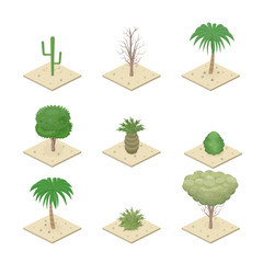 Isometric view desert plants. Tropical plants. Cacti, trees and bushes. Game design set. Vector Illustration.