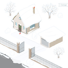 Country house and car garage in snow. Isometric view. Snow covered fir tree and cottage and garage. Vector illustration.