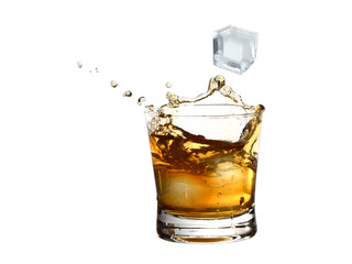 Whiskey splash in a glass of ice cubes falling, isolated on white background