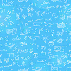 Seamless pattern on the theme of business on a blue  background drawn with light markers