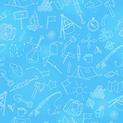 Seamless background with simple hand-drawn icons on the theme of camping and traveling, light marker on blue  backgroun
