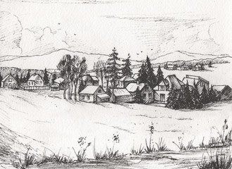 Fototapeta premium Hand drawn beautiful landscape with lake house and fir forest, Artistic illustration for your application , project.