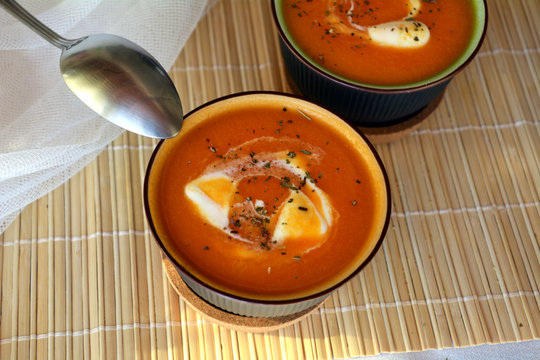 Delicious Hot Creamy Butternut Squash Soup On A Bowl. Organic Vegetarian Food.