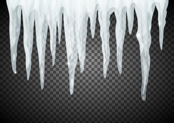 Translucent icicles in blue colors on transparent background. Vector illustration.