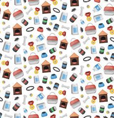Vector cartoon seamless pattern with pet shop equipment for gift wrapping paper, covering and branding on the white background. Concept of veterinary and pet service.