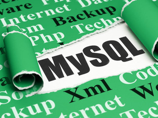 Database concept: black text MySQL under the piece of  torn paper