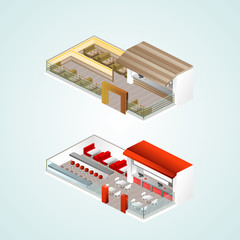 Isometric cafe and other elements. Vector illustration.