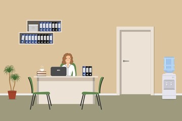 Web banner of an office worker. The young woman is an employee at work. There is a white furniture, green chairs, shelves with folders, a water cooler in the picture. Vector illustration