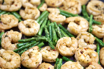 Fried Shrimp and asparagus background.