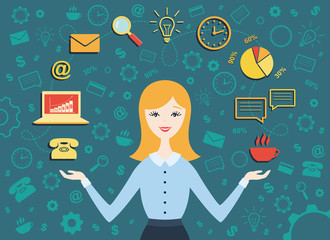 Flat design vector illustration of young business woman, personal assistant or hard working secretary