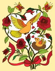 Floral pattern with blue, roses and hearts.Vector