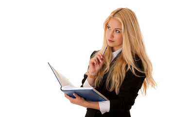 business woman writing notes in her notebook isolated over white