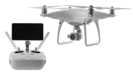 Flying drone quadcopter isolated on white with clipping path
