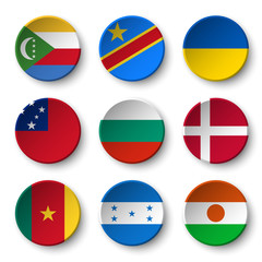 Set of world flags round badges ( Comoros . Democratic Republic of the Congo . Ukraine . Samoa , Bulgaria . Denmark . Cameroon . Honduras . Niger )