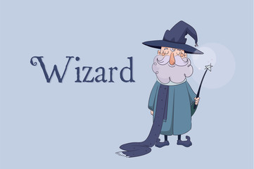 children s vector illustration. Good wizard holding a magic wand in his hands and smiling with the words