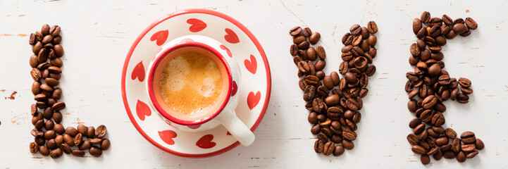 Love and coffee concept -  written with  beans