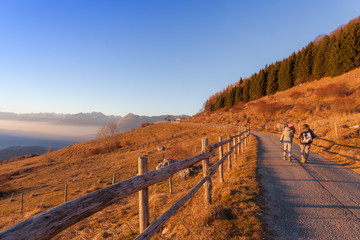 Fototapeta premium Young girls walking on the road throughout the sunset