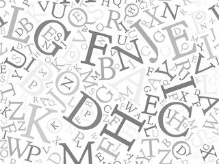 Seamless background pattern mosaic of grey letters on white background. Simple flat vector illustration.