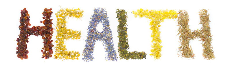  Word Health posted of dried herbs and flowers, folk medicine of nature. Cynosbati, Matricaria chamomilla, lavandulae, Urtica, Helichrysum arenarium, Asteraceae,Polygonum aviculare.