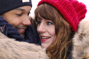 Loving couple in winter outside - closeup