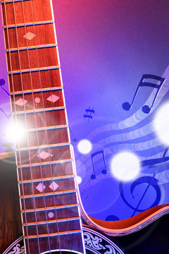 Illustration acoustic guitar with red and blue lights vertical