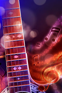 Illustration acoustic guitar with black red and blue background