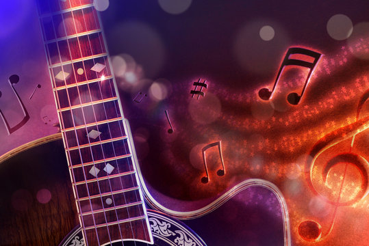Illustration acoustic guitar with black red and blue background