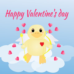 Valentine`s Day card with duck angel and hearts