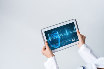 Close of female doctor hands working with tablet pc computer