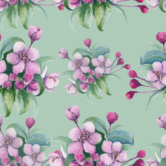 Obraz na płótnie Canvas Background branch with pink cherry flowers. Seamless pattern. wa