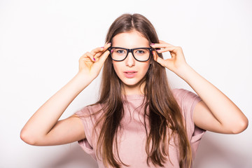 Fashion woman with eyeglasses on white background