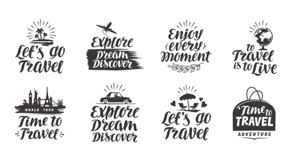 Travel, journey vector set labels. Handwritten lettering