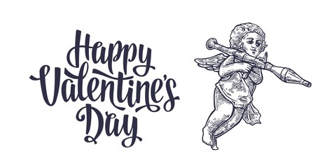 Valentines Day and angel with a grenade launcher. Vintage lettering. Vector illustrations and typography elements. Red background.