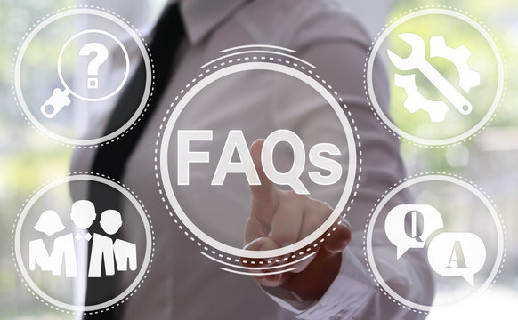 Businesswoman presses faq circle button on virtual screen. Businessman touching icon faqs on touch screen. Support concept, business. Frequently asked questions (FAQs) concept for website service.