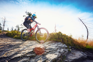 Naklejka na ściany i meble Female mountain biker riding MTB bike during sunny day in Mountains
