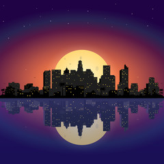 City at night with moon