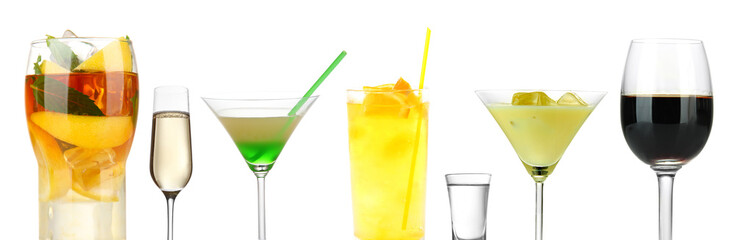 Delicious cocktails on white background